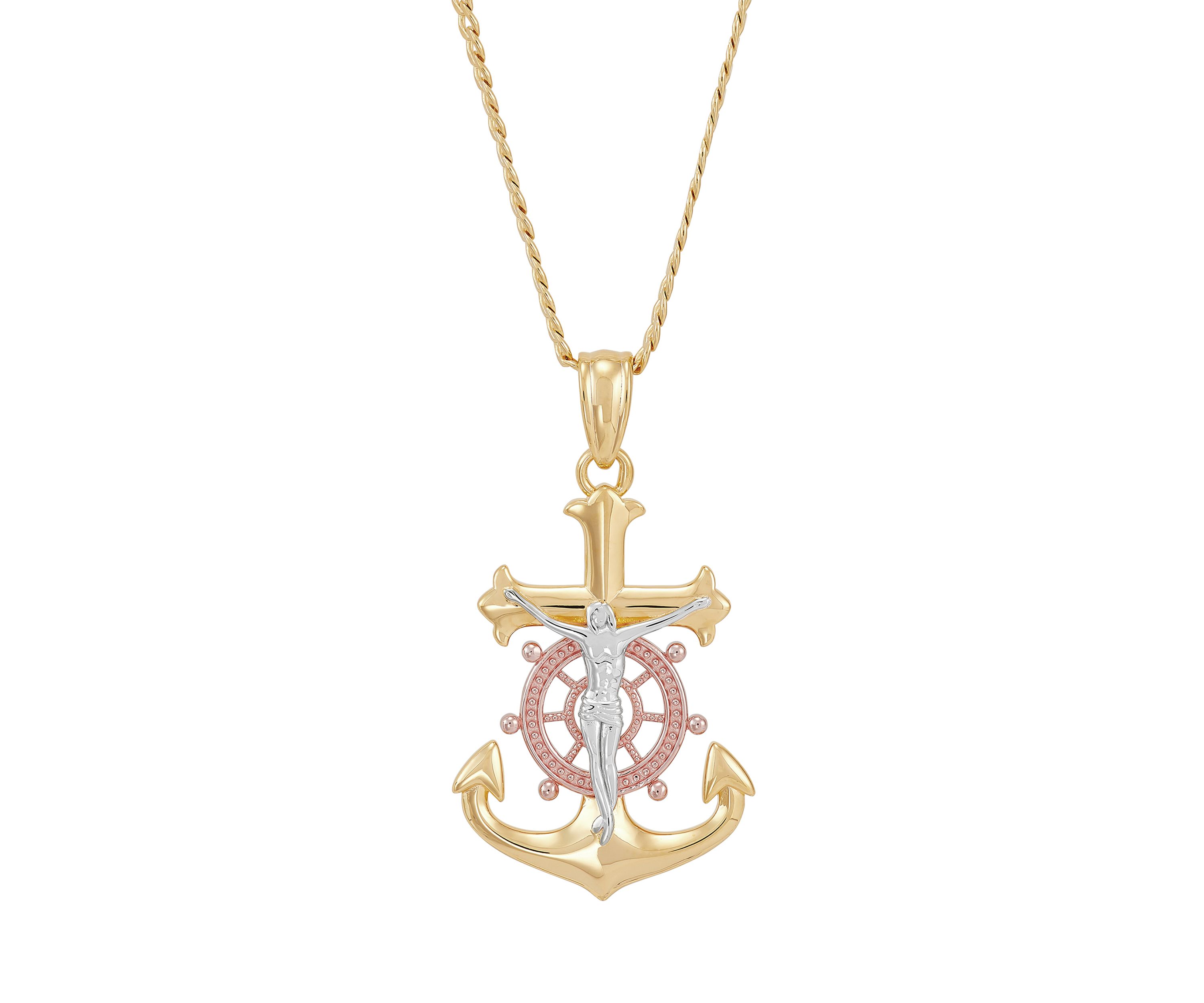 Anchor Crucifix Cross Pendant Necklace with 22" Curb Chain in Gold Over Sterling Silver