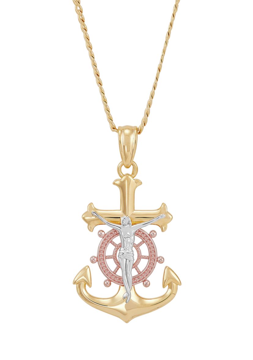 Anchor Crucifix Cross Pendant Necklace with 22" Curb Chain in Gold Over Sterling Silver