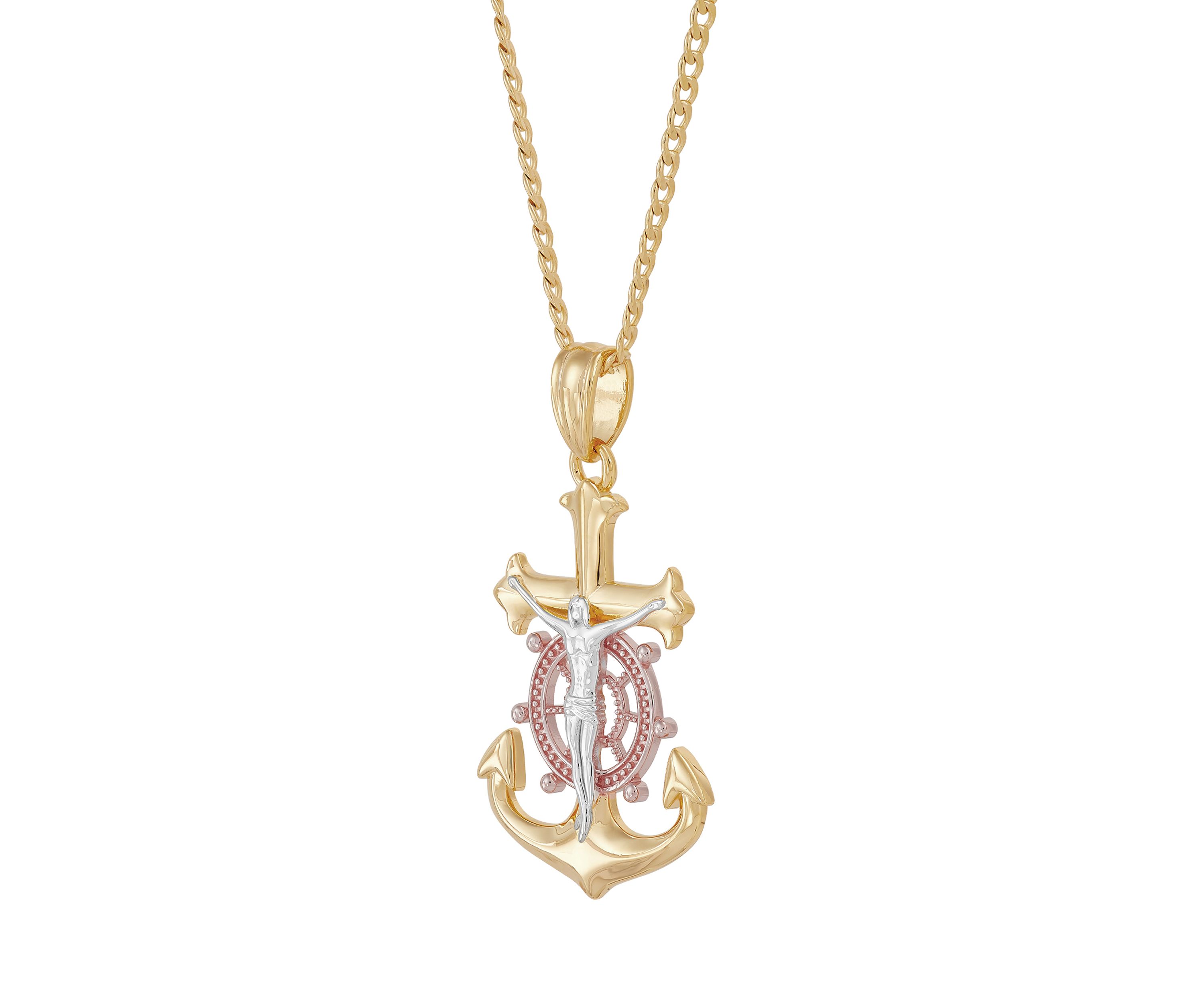Anchor Crucifix Cross Pendant Necklace with 22" Curb Chain in Gold Over Sterling Silver