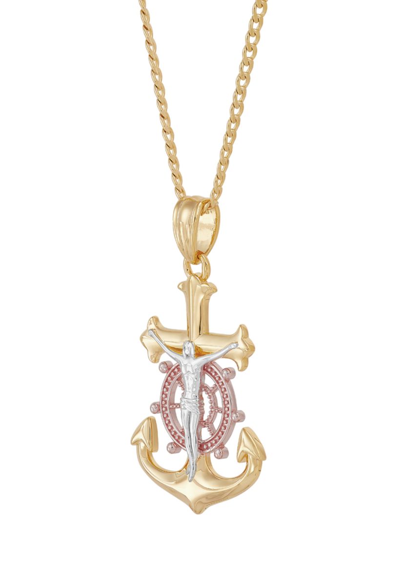 Anchor Crucifix Cross Pendant Necklace with 22" Curb Chain in Gold Over Sterling Silver