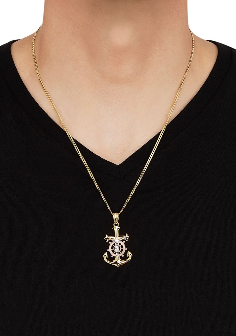 Anchor Crucifix Cross Pendant Necklace with 22" Curb Chain in Gold Over Sterling Silver