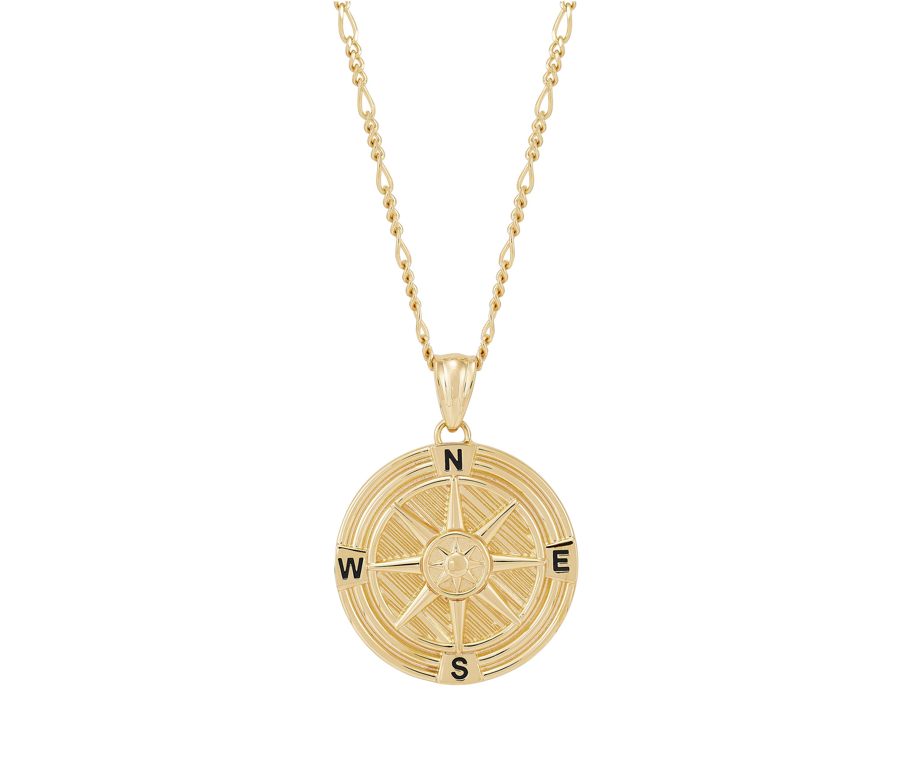Compass Pendant Necklace with 22" Figaro Chain in Gold Over Sterling Silver