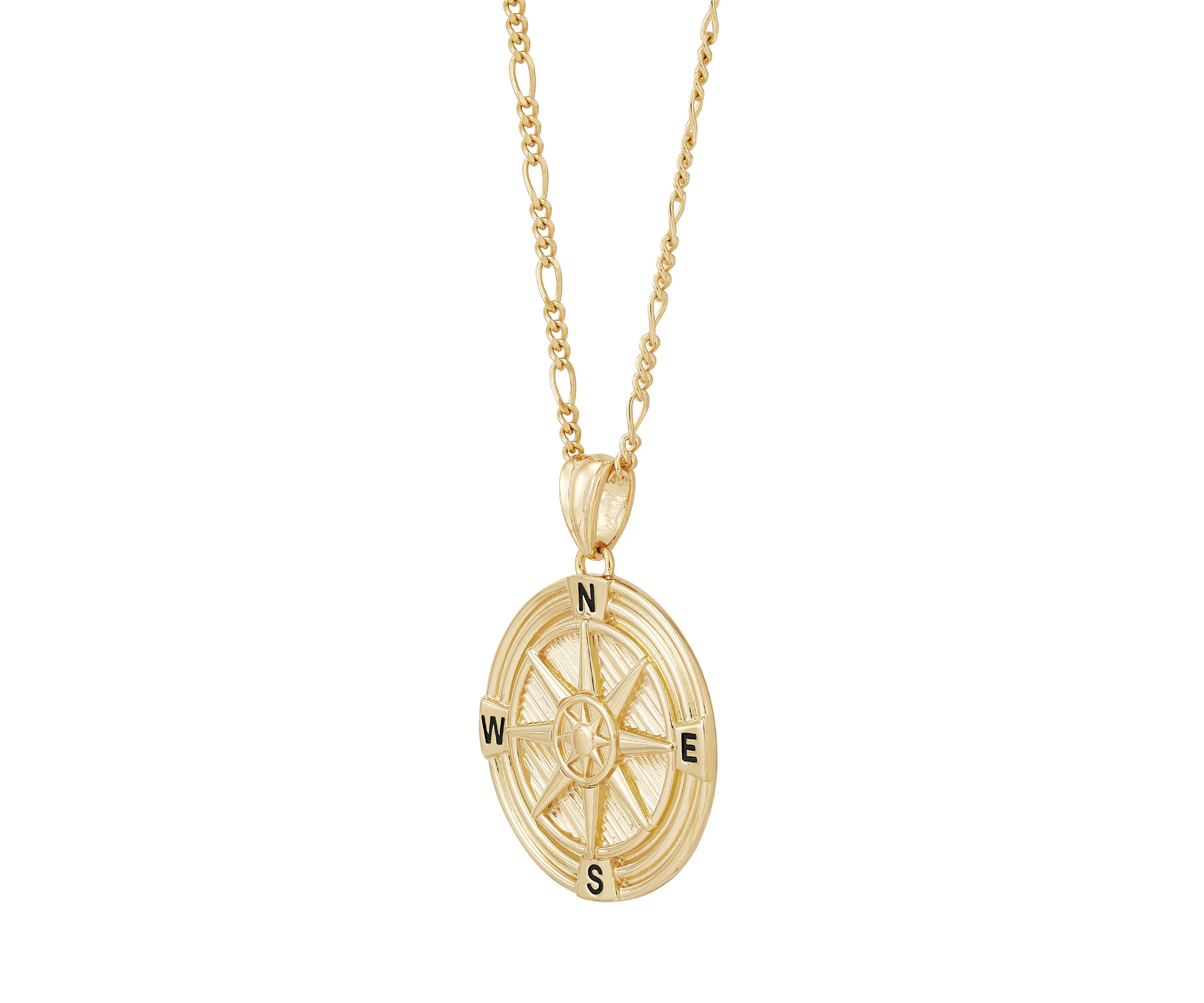 Compass Pendant Necklace with 22" Figaro Chain in Gold Over Sterling Silver