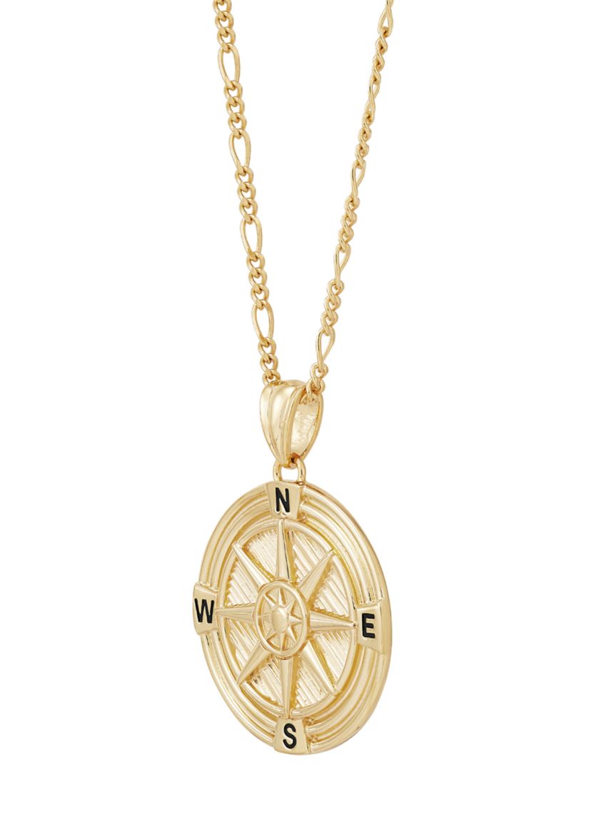 Compass Pendant Necklace with 22" Figaro Chain in Gold Over Sterling Silver