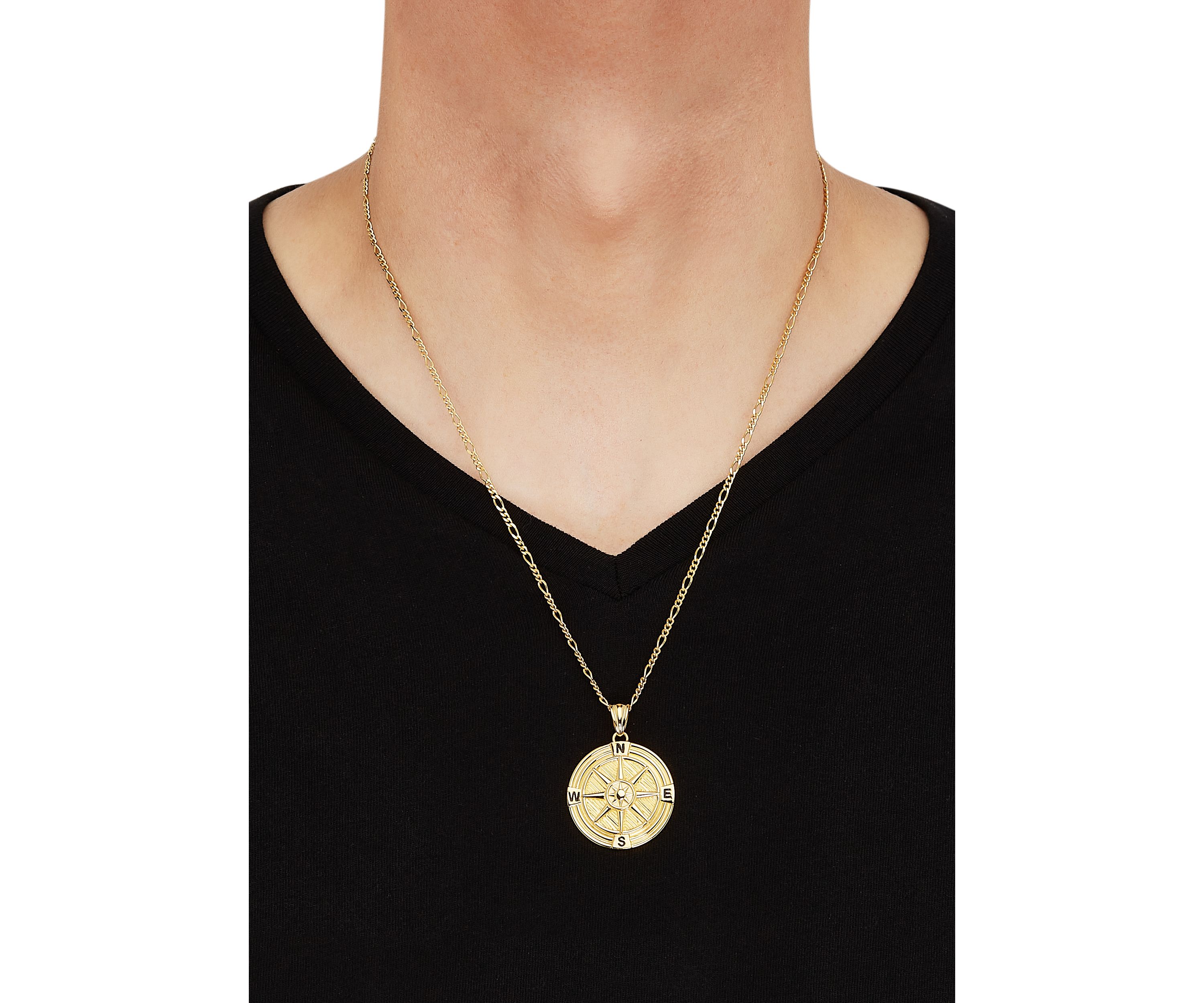 Compass Pendant Necklace with 22" Figaro Chain in Gold Over Sterling Silver
