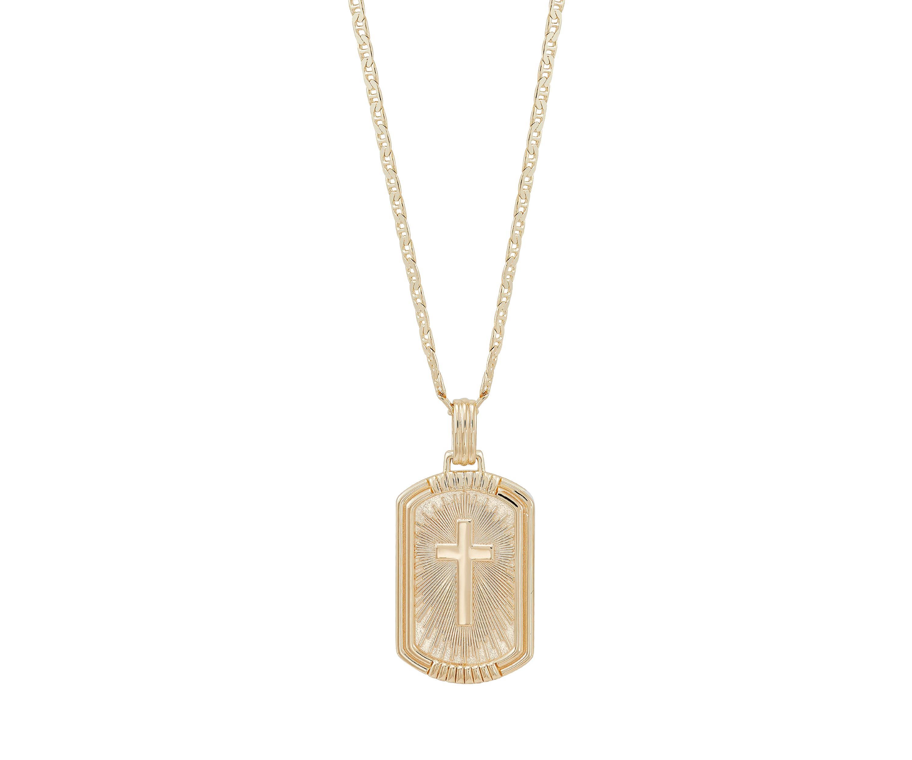 Cross Dog Tag Pendant Necklace with 22" Mariner Chain in Gold Over Sterling Silver