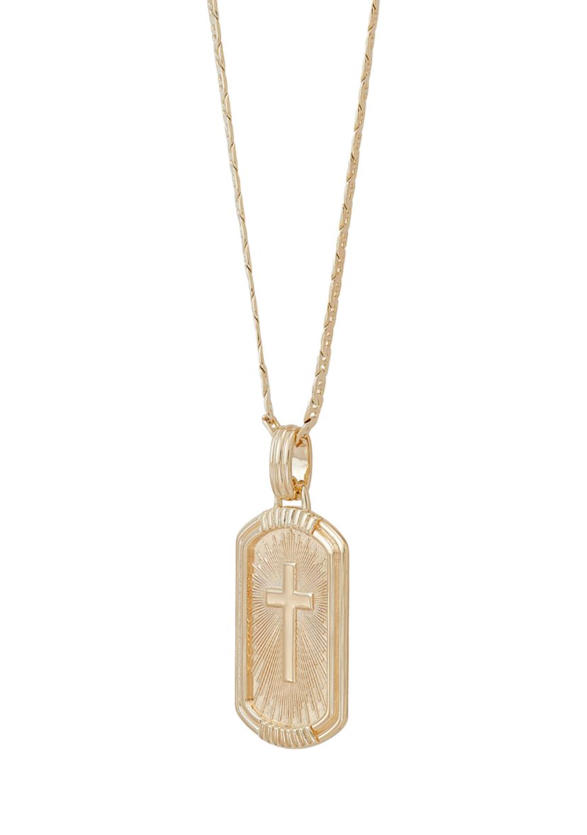 Cross Dog Tag Pendant Necklace with 22" Mariner Chain in Gold Over Sterling Silver