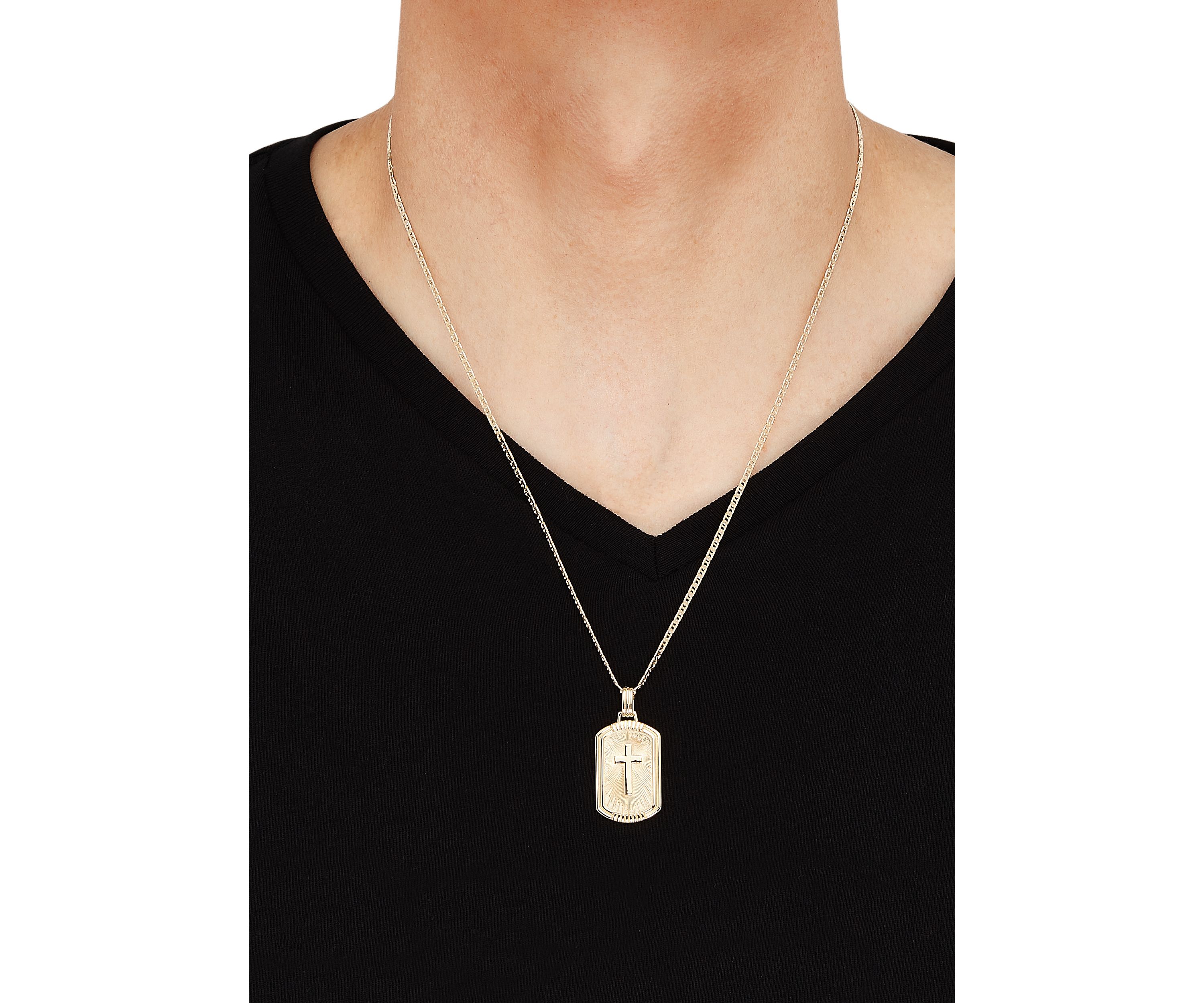 Cross Dog Tag Pendant Necklace with 22" Mariner Chain in Gold Over Sterling Silver