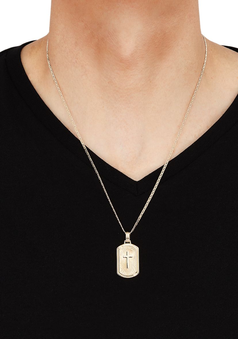 Cross Dog Tag Pendant Necklace with 22" Mariner Chain in Gold Over Sterling Silver