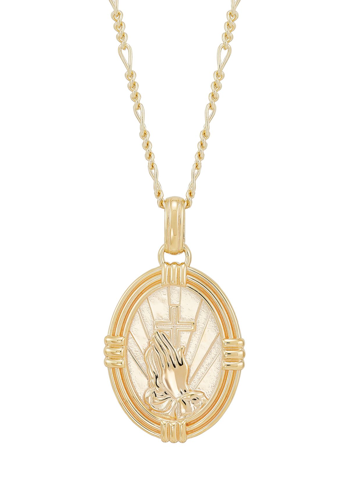 Oval Praying Hand Cross Pendent Necklace in 22" Figaro Chain in Gold Over Sterling Silver