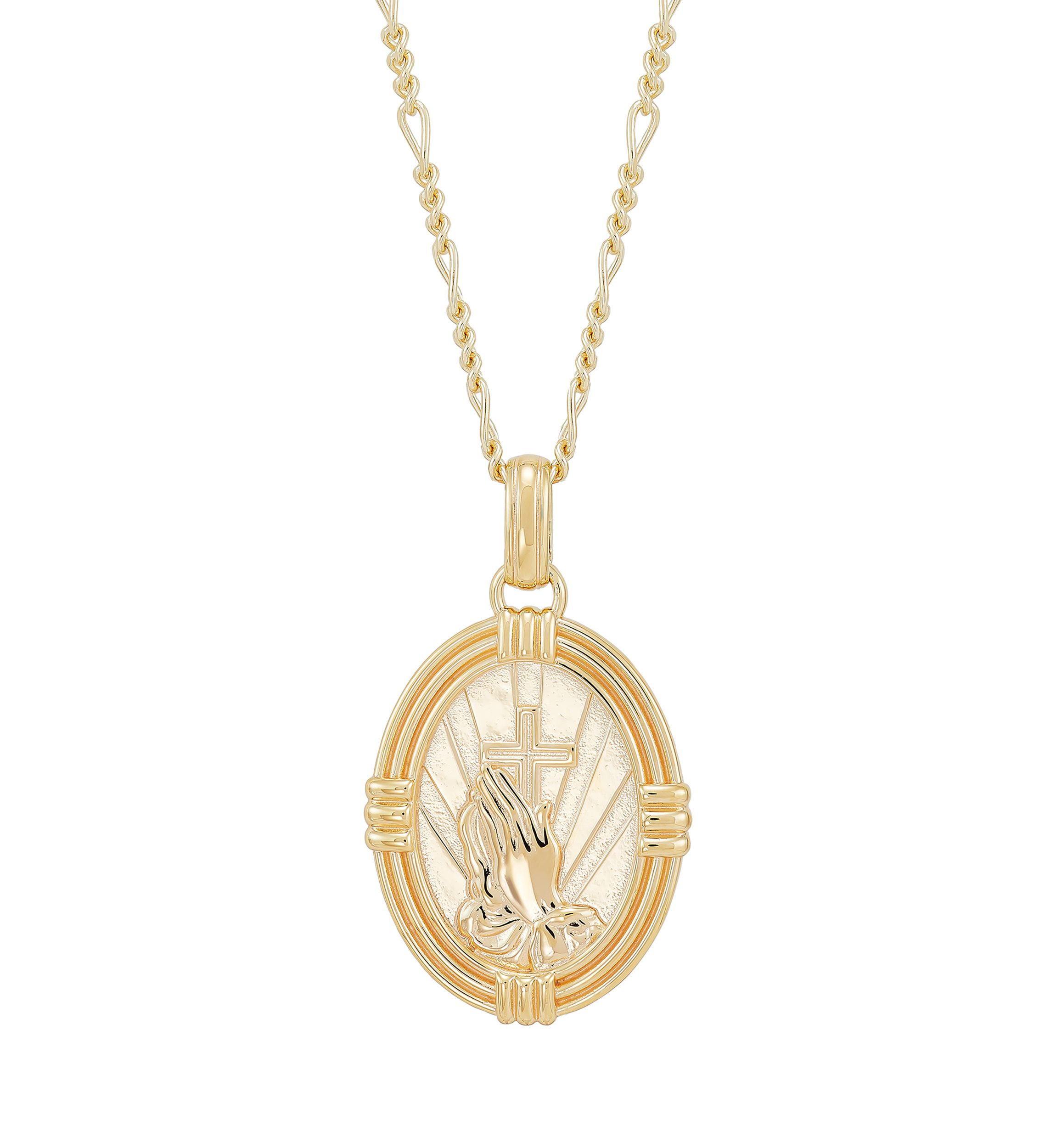 Oval Praying Hand Cross Pendent Necklace in 22" Figaro Chain in Gold Over Sterling Silver