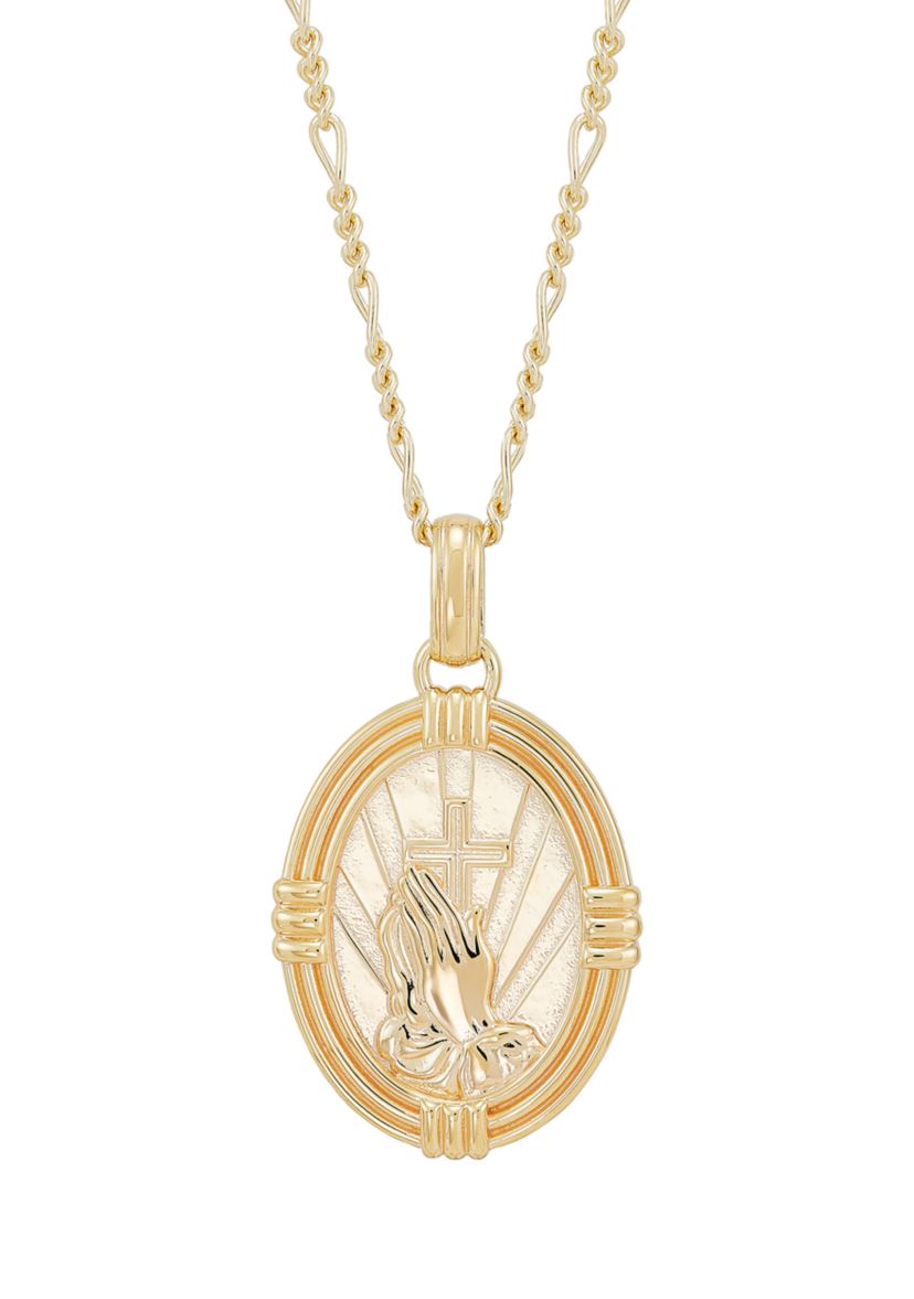 Oval Praying Hand Cross Pendent Necklace in 22" Figaro Chain in Gold Over Sterling Silver
