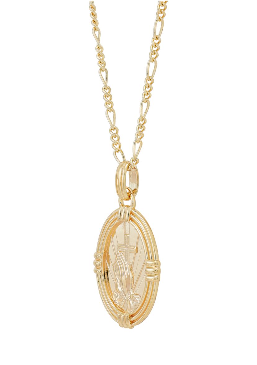 Oval Praying Hand Cross Pendent Necklace in 22" Figaro Chain in Gold Over Sterling Silver