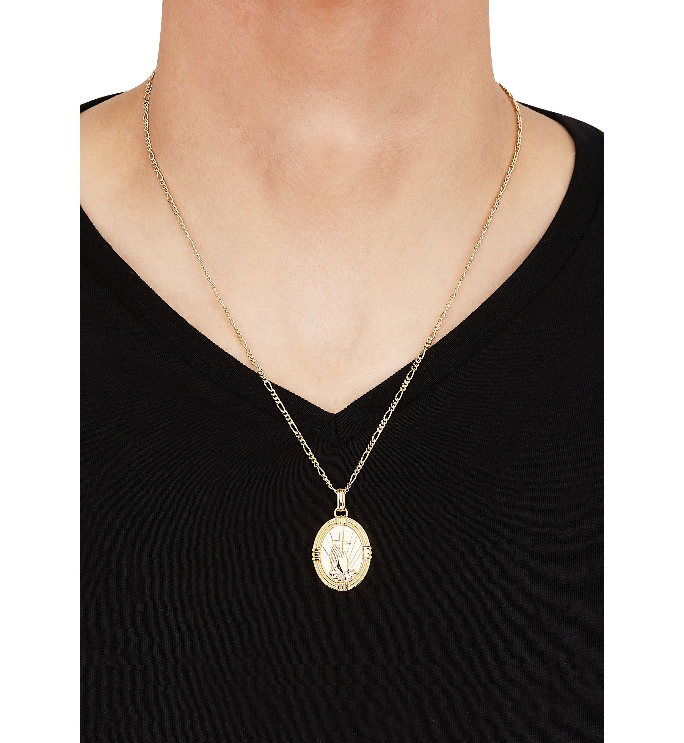 Oval Praying Hand Cross Pendent Necklace in 22" Figaro Chain in Gold Over Sterling Silver