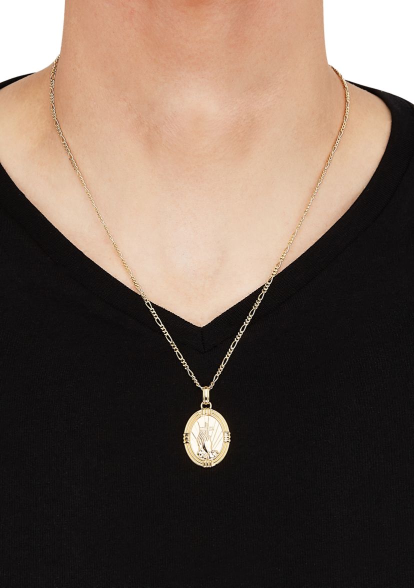 Oval Praying Hand Cross Pendent Necklace in 22" Figaro Chain in Gold Over Sterling Silver