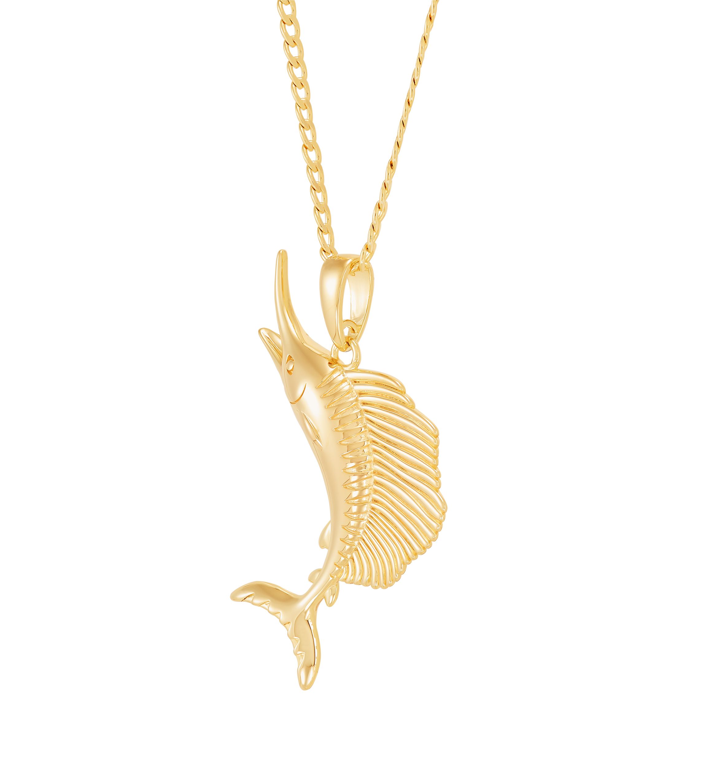Sord Fish Pendant with 22" Curb Chain in Gold Over Sterling Silver