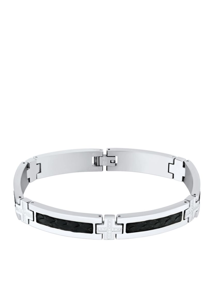 Mens 1/3 ct. t.w. Diamond Accent Black Leather Bracelet in Stainless Steel