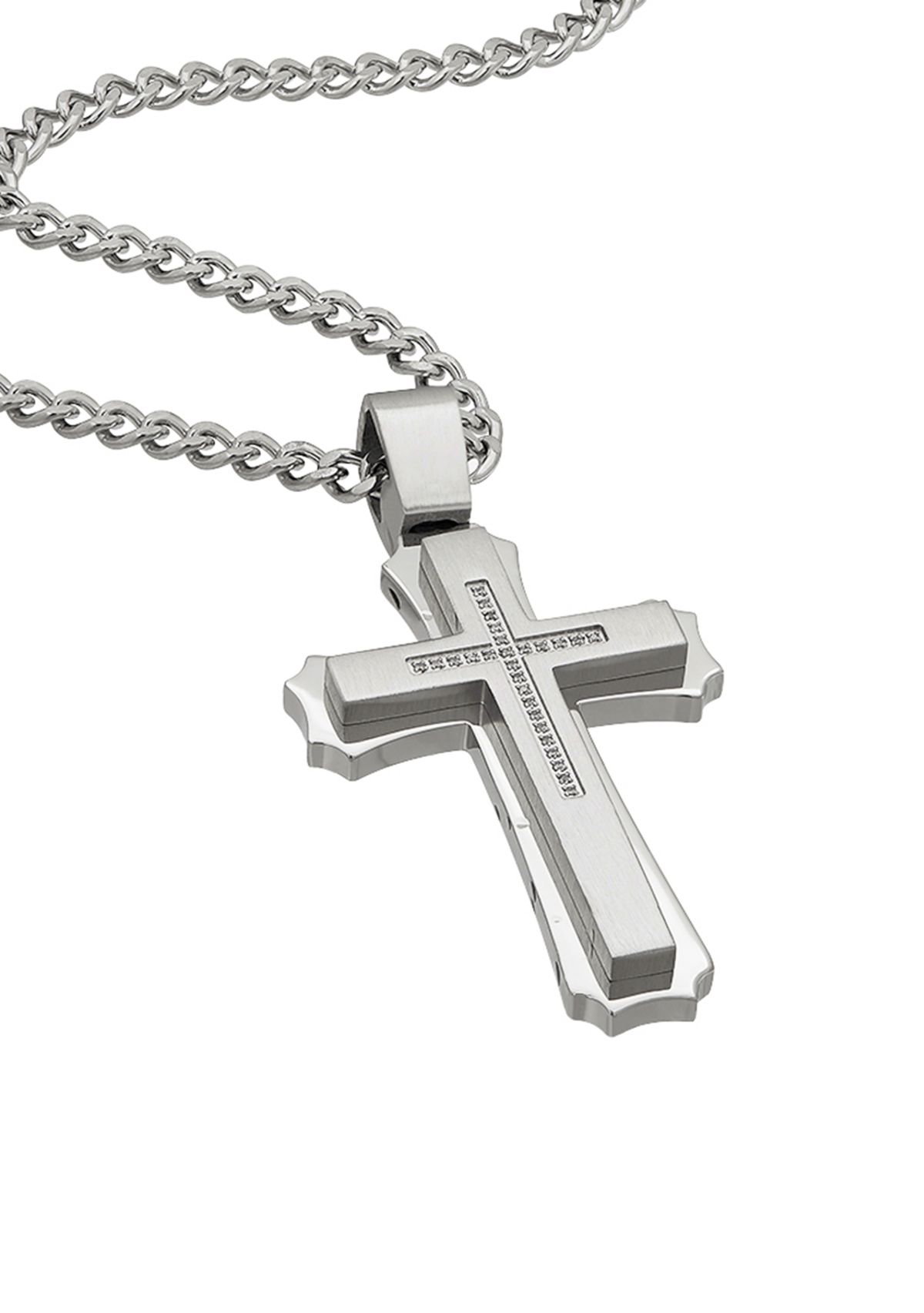 Mens Stainless Steel CZ Cross Pendant Necklace