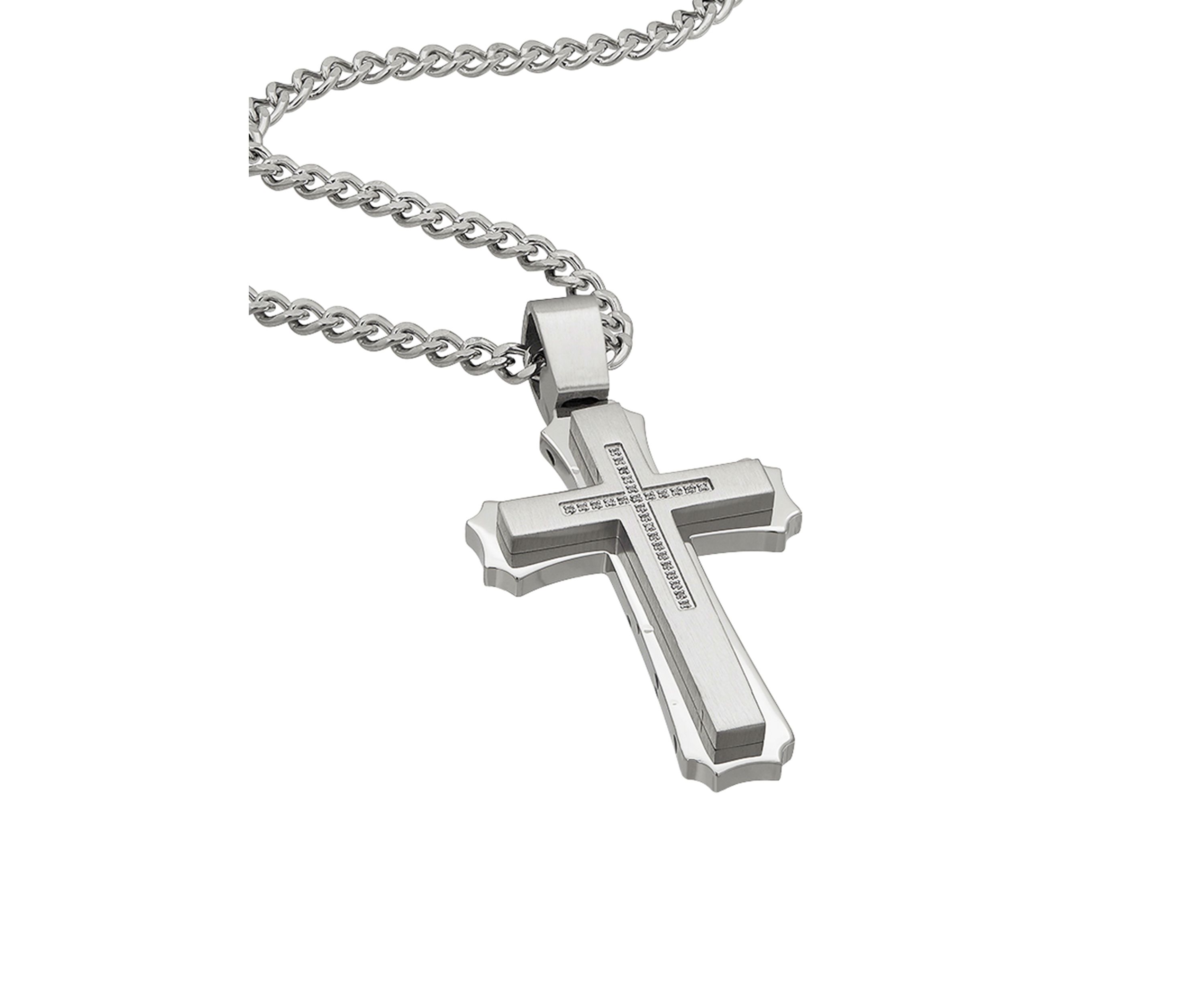 Mens Stainless Steel CZ Cross Pendant Necklace