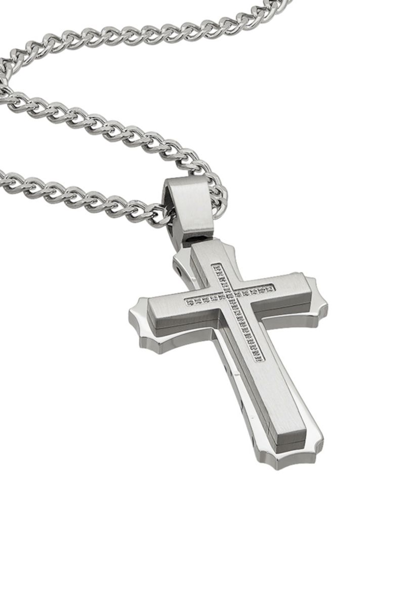 Mens Stainless Steel CZ Cross Pendant Necklace