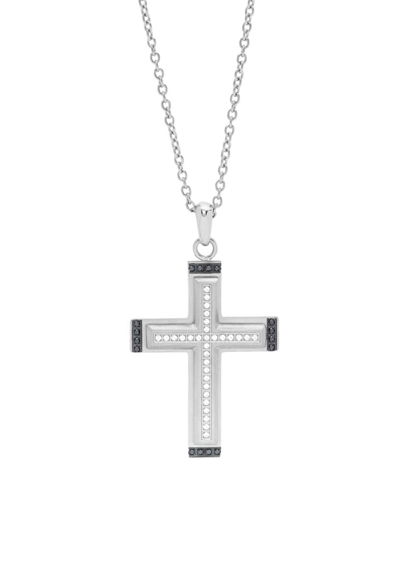 Mens Cross Pendant with Black Cubic Zirconia in Stainless Steel