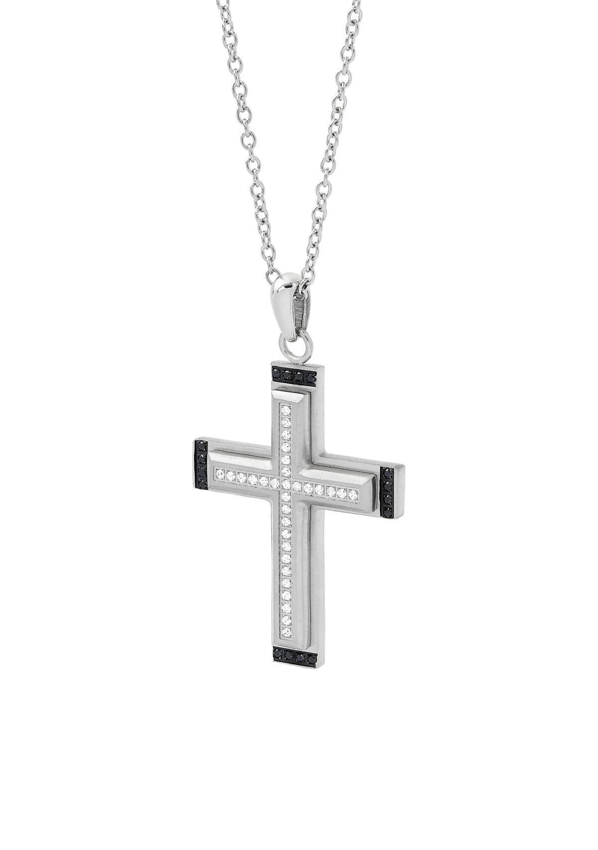 Mens Cross Pendant with Black Cubic Zirconia in Stainless Steel