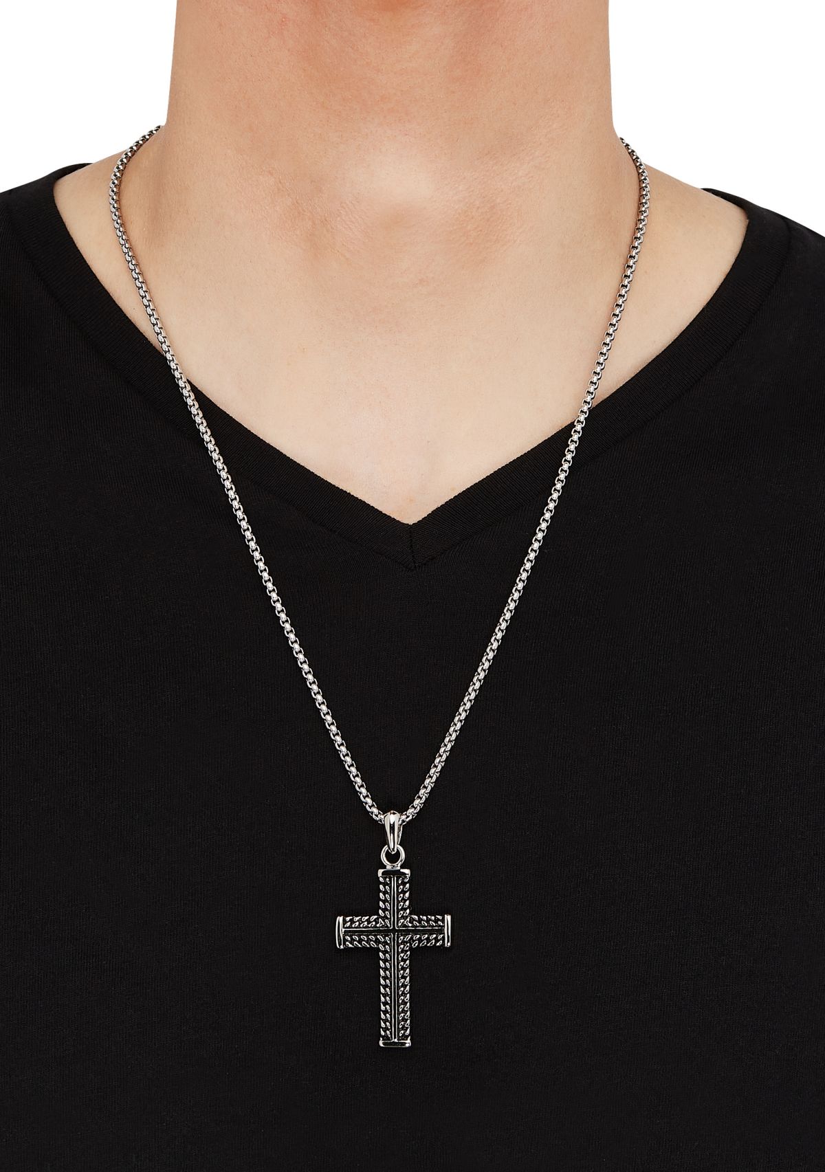Cross Pendant Necklace with 24" Popcorn Chain in Stainless Steel 
