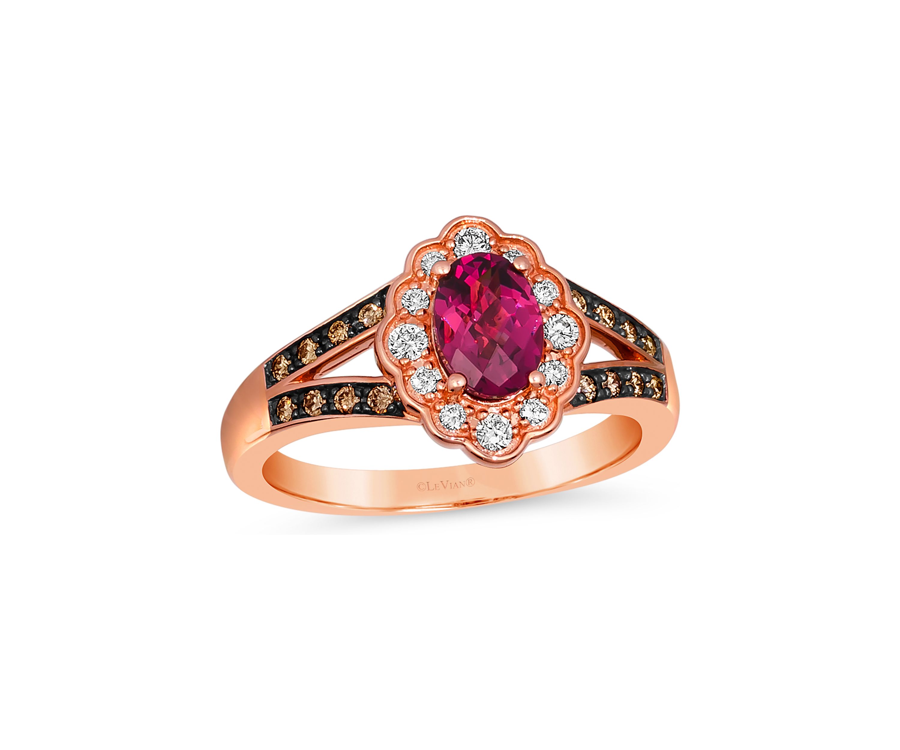 7/8 ct. t.w. Raspberry Rhodolite®, 1/8 ct. t.w. Nude Diamond™, and 1/8 ct. t.w. Chocolate Diamond® Ring in 14K Strawberry Gold®