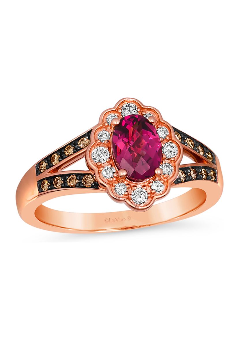 7/8 ct. t.w. Raspberry Rhodolite®, 1/8 ct. t.w. Nude Diamond™, and 1/8 ct. t.w. Chocolate Diamond® Ring in 14K Strawberry Gold®