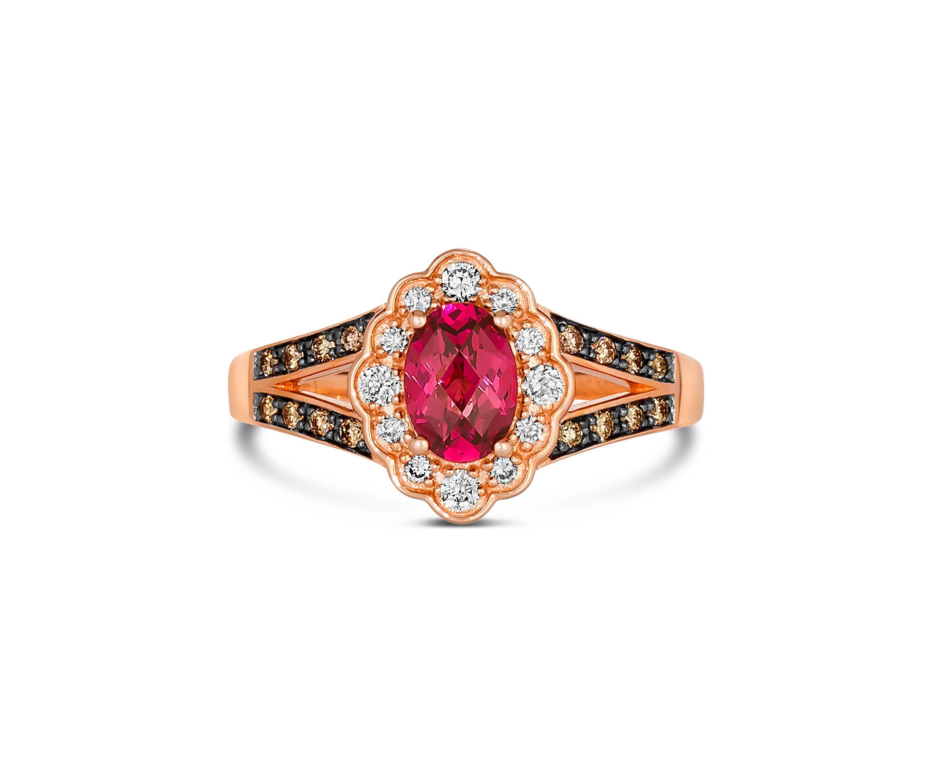 7/8 ct. t.w. Raspberry Rhodolite®, 1/8 ct. t.w. Nude Diamond™, and 1/8 ct. t.w. Chocolate Diamond® Ring in 14K Strawberry Gold®