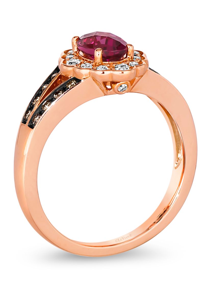 7/8 ct. t.w. Raspberry Rhodolite®, 1/8 ct. t.w. Nude Diamond™, and 1/8 ct. t.w. Chocolate Diamond® Ring in 14K Strawberry Gold®