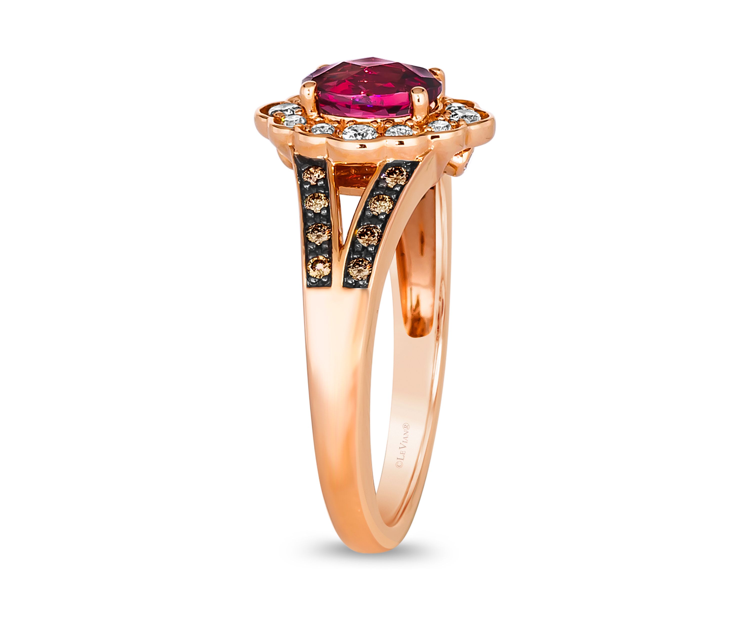 7/8 ct. t.w. Raspberry Rhodolite®, 1/8 ct. t.w. Nude Diamond™, and 1/8 ct. t.w. Chocolate Diamond® Ring in 14K Strawberry Gold®