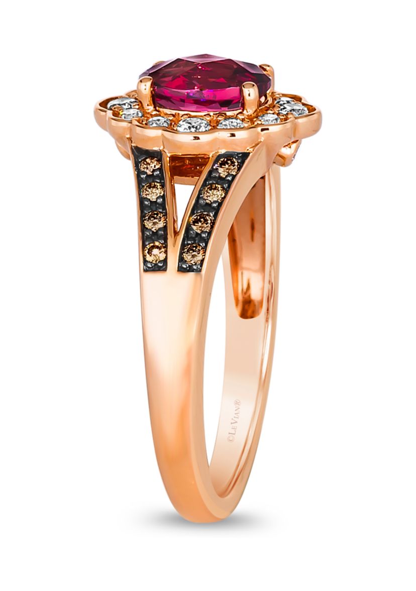 7/8 ct. t.w. Raspberry Rhodolite®, 1/8 ct. t.w. Nude Diamond™, and 1/8 ct. t.w. Chocolate Diamond® Ring in 14K Strawberry Gold®