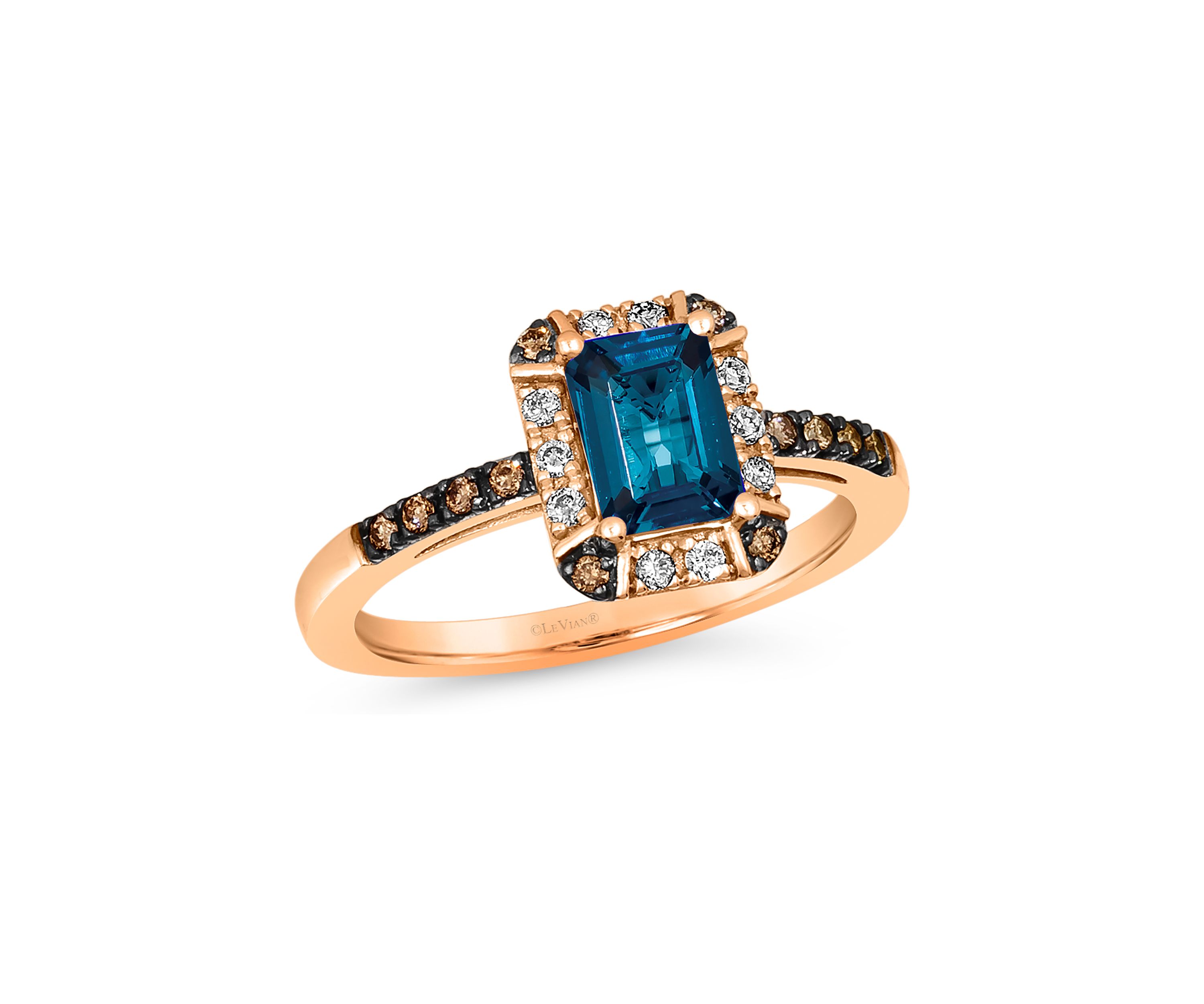 1.33 ct. t.w. Deep Sea Blue Topaz™, 1/10 ct. t.w. Nude Diamonds™, 1/10 ct. t.w. Chocolate Diamonds® Ring in 14K Strawberry Gold®