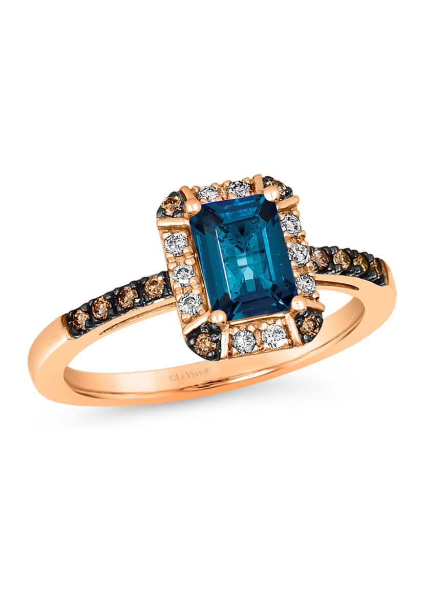 1.33 ct. t.w. Deep Sea Blue Topaz™, 1/10 ct. t.w. Nude Diamonds™, 1/10 ct. t.w. Chocolate Diamonds® Ring in 14K Strawberry Gold®