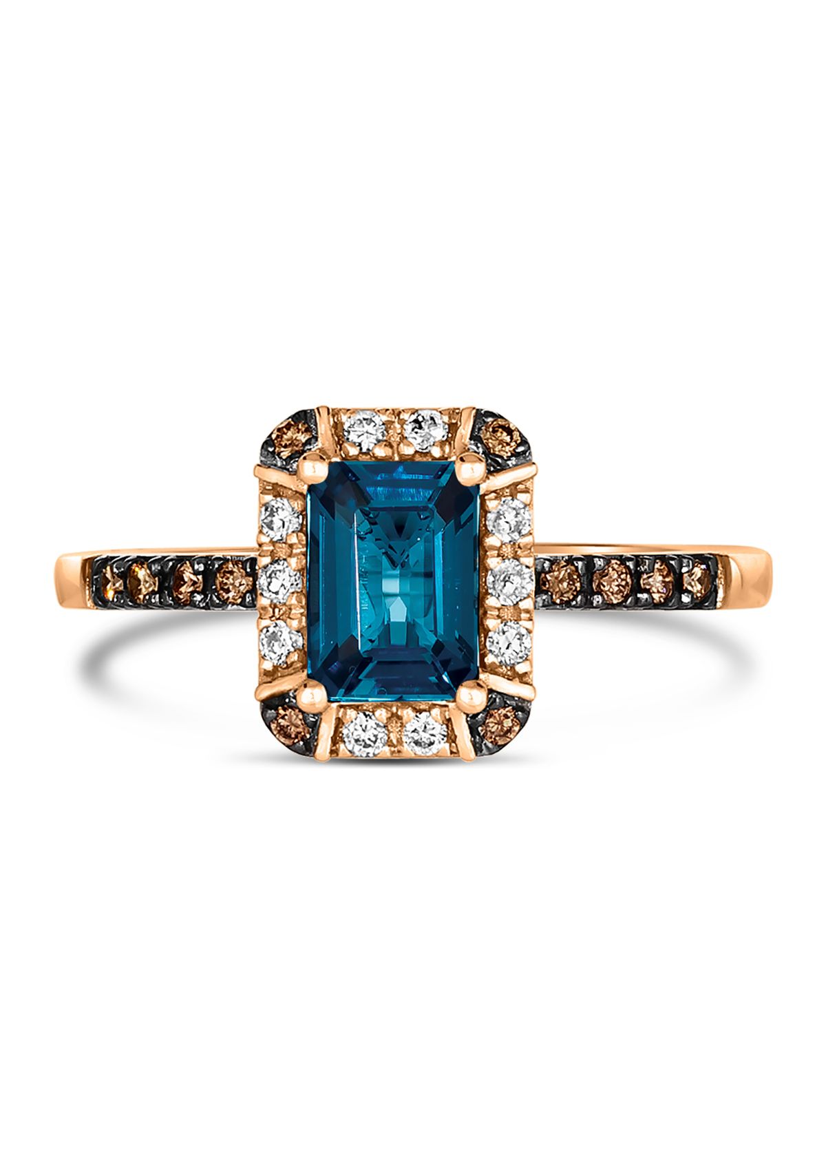 1.33 ct. t.w. Deep Sea Blue Topaz™, 1/10 ct. t.w. Nude Diamonds™, 1/10 ct. t.w. Chocolate Diamonds® Ring in 14K Strawberry Gold®