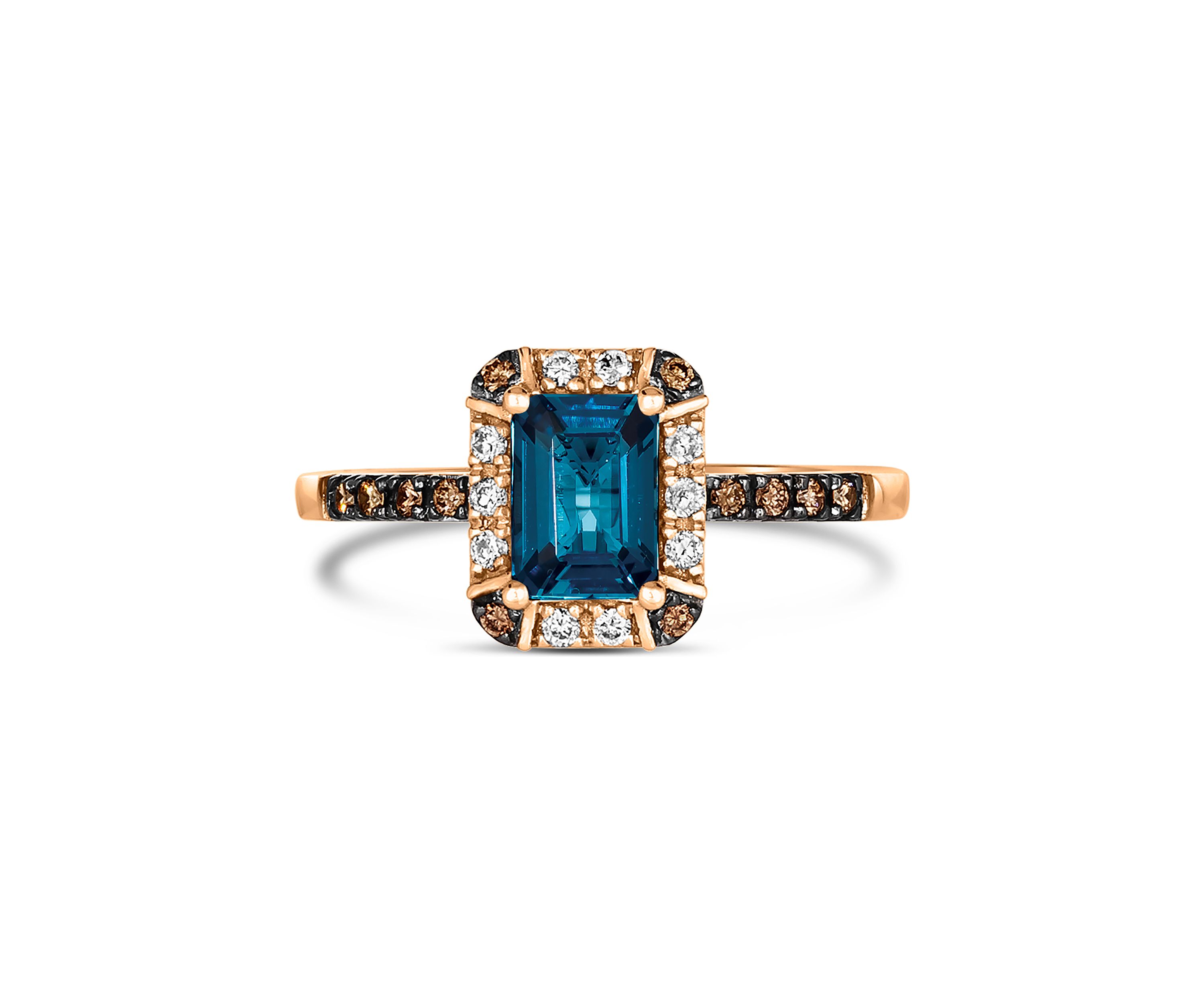1.33 ct. t.w. Deep Sea Blue Topaz™, 1/10 ct. t.w. Nude Diamonds™, 1/10 ct. t.w. Chocolate Diamonds® Ring in 14K Strawberry Gold®