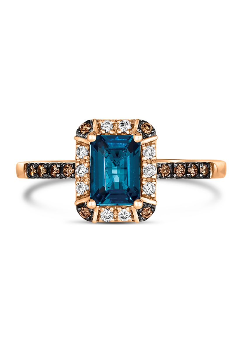 1.33 ct. t.w. Deep Sea Blue Topaz™, 1/10 ct. t.w. Nude Diamonds™, 1/10 ct. t.w. Chocolate Diamonds® Ring in 14K Strawberry Gold®