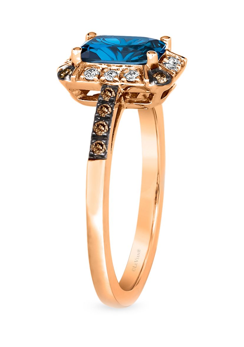 1.33 ct. t.w. Deep Sea Blue Topaz™, 1/10 ct. t.w. Nude Diamonds™, 1/10 ct. t.w. Chocolate Diamonds® Ring in 14K Strawberry Gold®