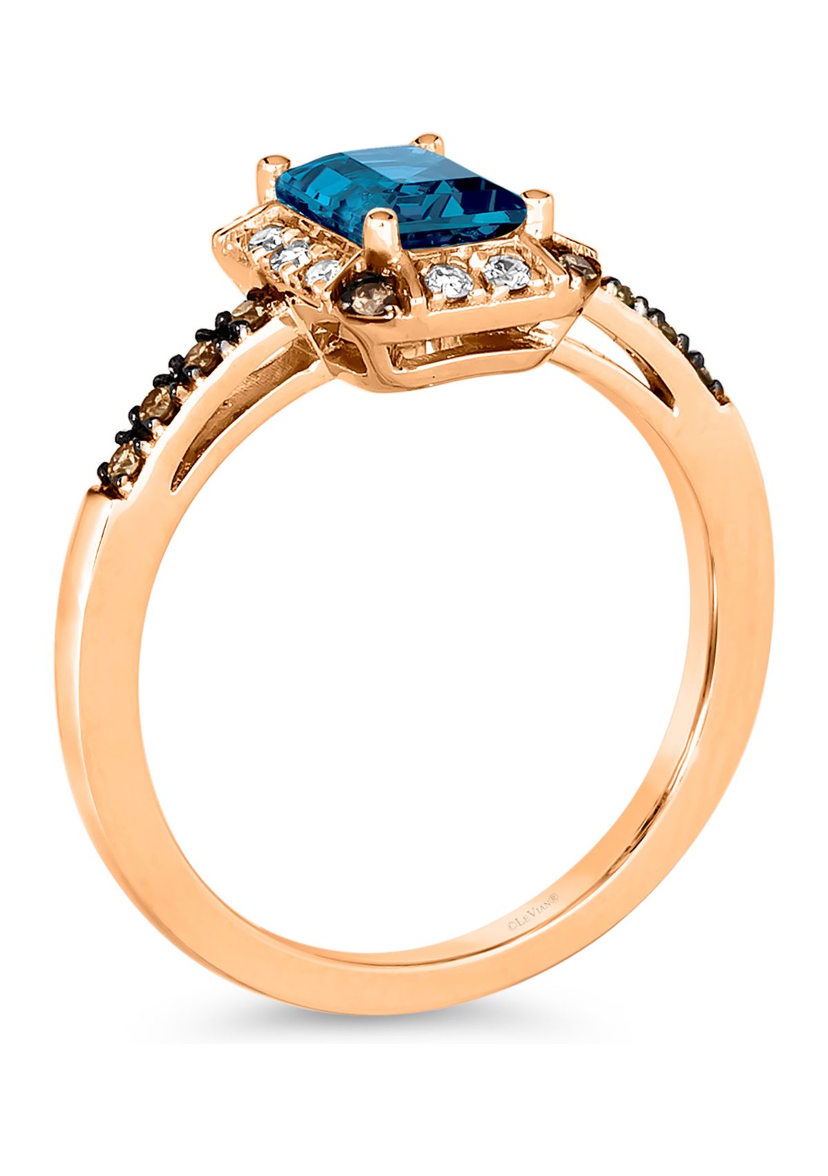 1.33 ct. t.w. Deep Sea Blue Topaz™, 1/10 ct. t.w. Nude Diamonds™, 1/10 ct. t.w. Chocolate Diamonds® Ring in 14K Strawberry Gold®