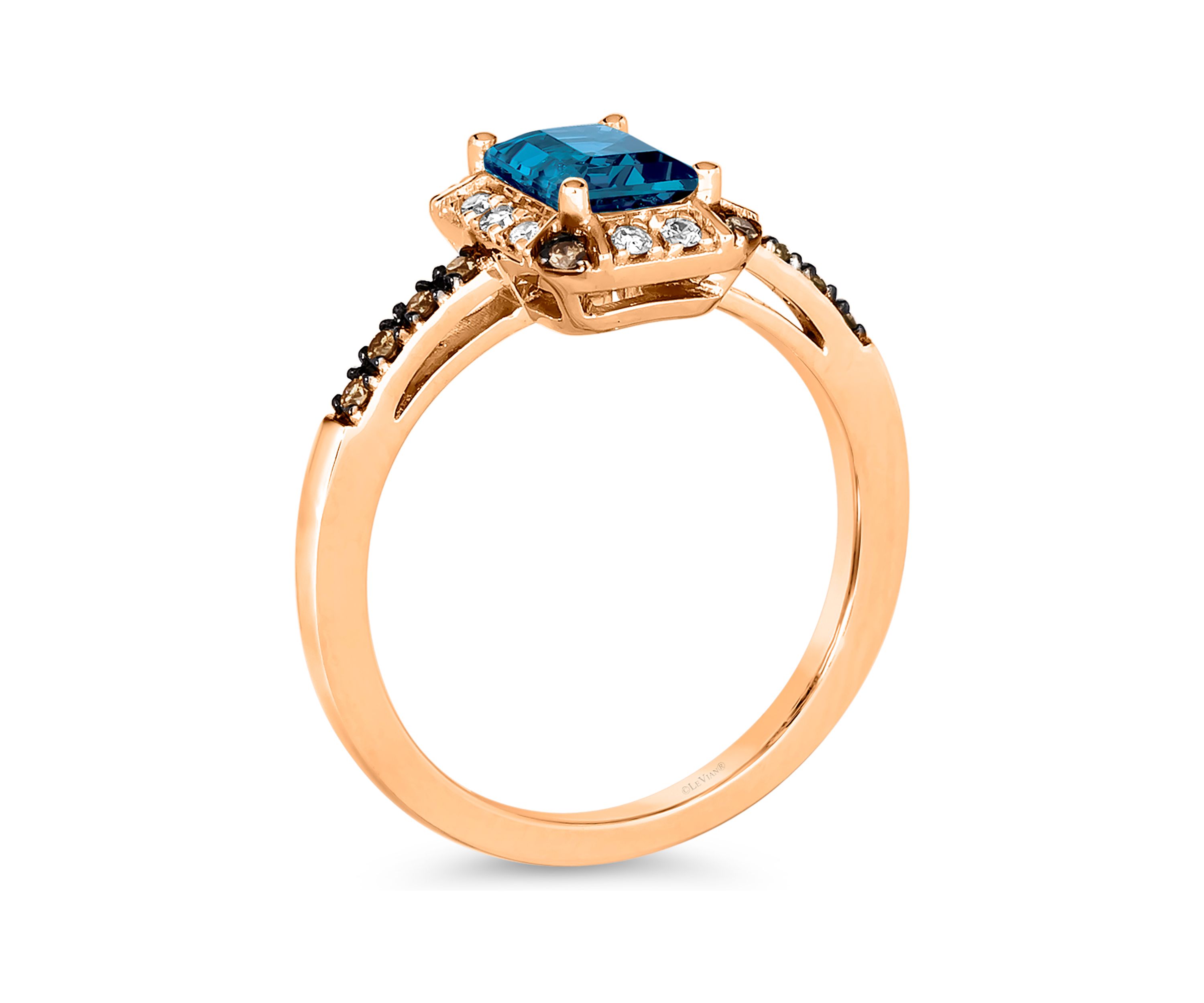 1.33 ct. t.w. Deep Sea Blue Topaz™, 1/10 ct. t.w. Nude Diamonds™, 1/10 ct. t.w. Chocolate Diamonds® Ring in 14K Strawberry Gold®