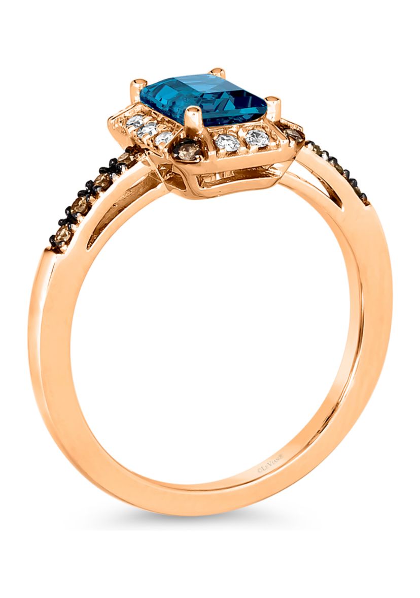 1.33 ct. t.w. Deep Sea Blue Topaz™, 1/10 ct. t.w. Nude Diamonds™, 1/10 ct. t.w. Chocolate Diamonds® Ring in 14K Strawberry Gold®