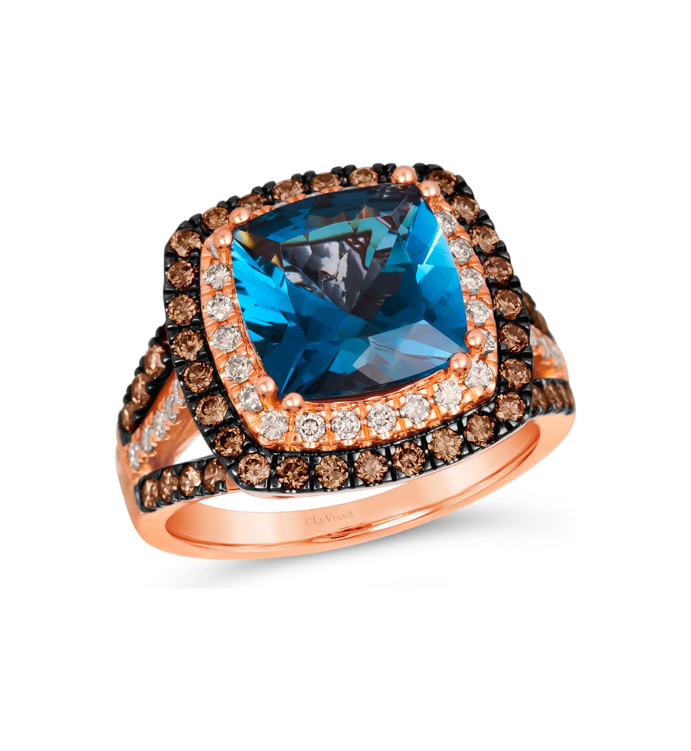 Ring featuring 4.5 ct. t.w. Deep Sea Blue Topaz™, 5/8 ct. t.w. Chocolate Diamonds®, 1/3 ct. t.w. Nude Diamonds™ in 14K Strawberry Gold®