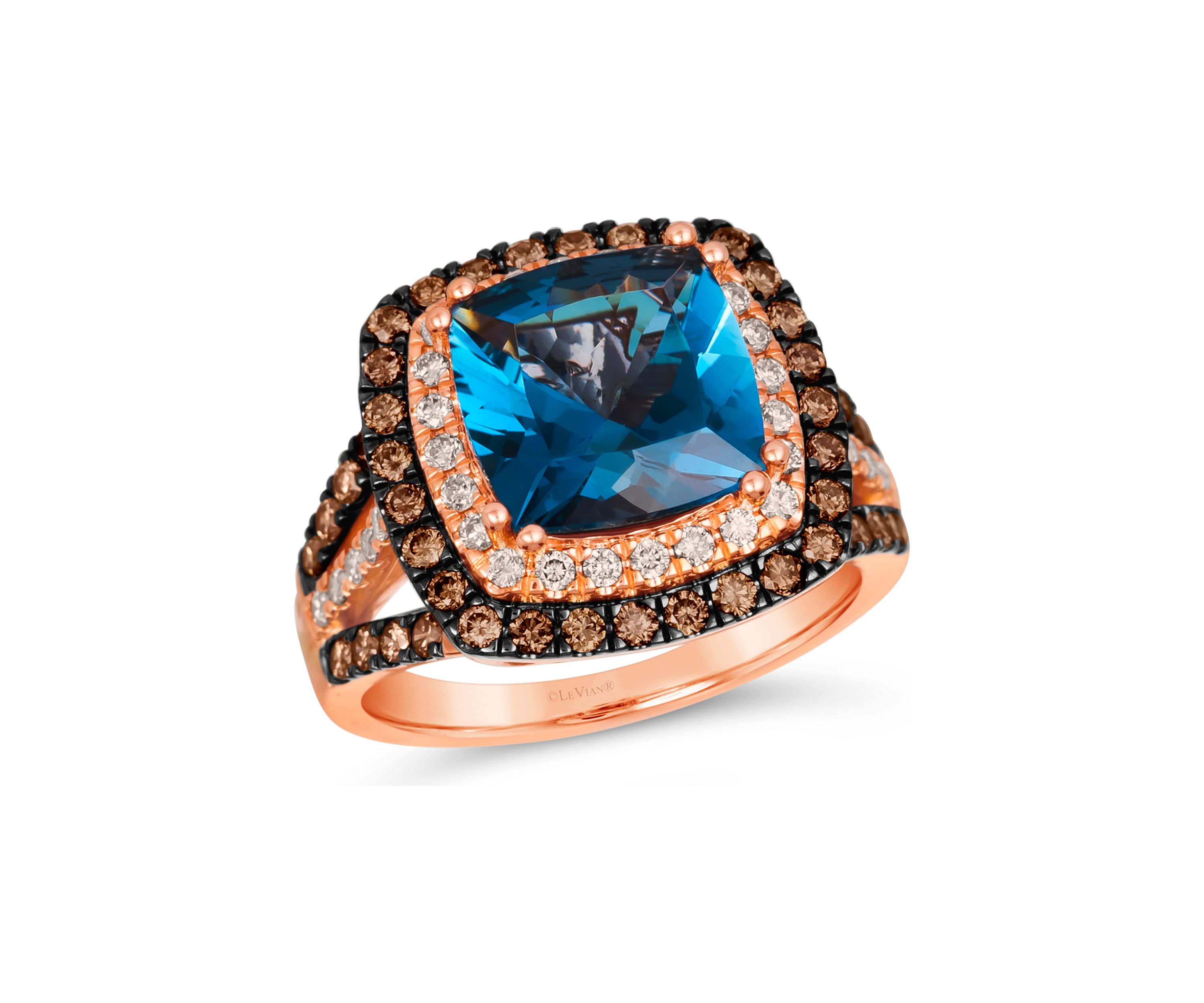 Ring featuring 4.5 ct. t.w. Deep Sea Blue Topaz™, 5/8 ct. t.w. Chocolate Diamonds®, 1/3 ct. t.w. Nude Diamonds™ in 14K Strawberry Gold®