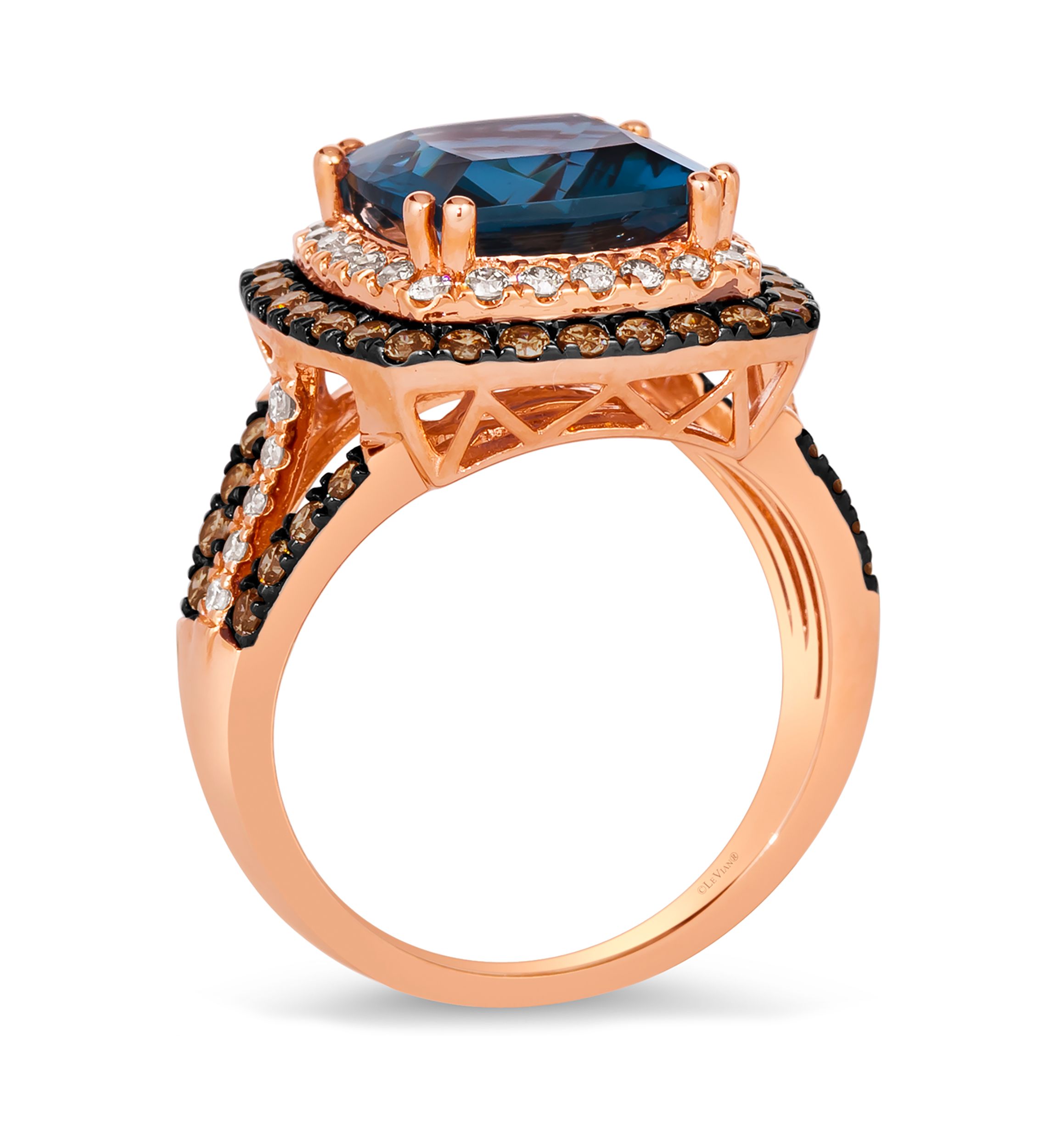 Ring featuring 4.5 ct. t.w. Deep Sea Blue Topaz™, 5/8 ct. t.w. Chocolate Diamonds®, 1/3 ct. t.w. Nude Diamonds™ in 14K Strawberry Gold®