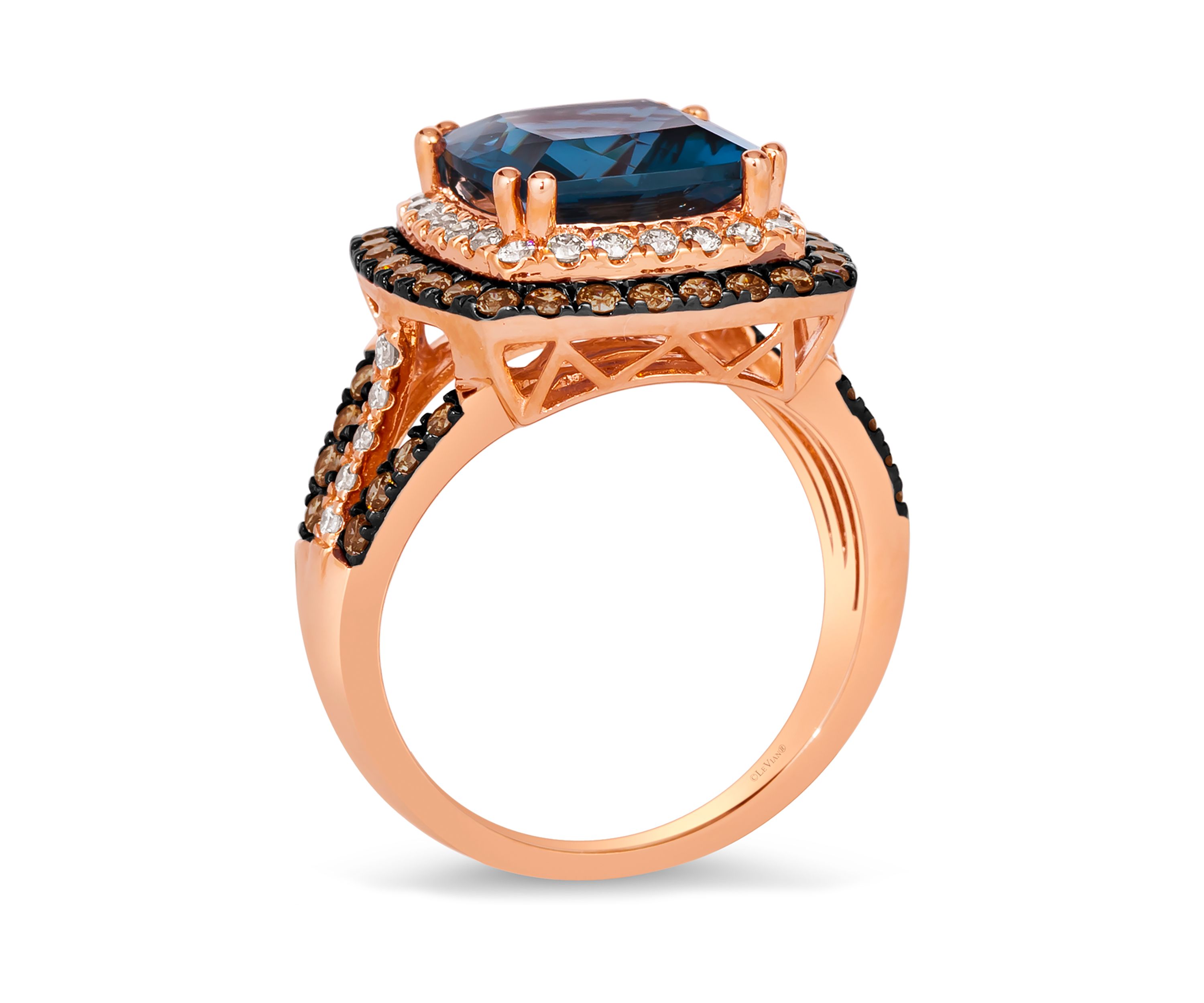 Ring featuring 4.5 ct. t.w. Deep Sea Blue Topaz™, 5/8 ct. t.w. Chocolate Diamonds®, 1/3 ct. t.w. Nude Diamonds™ in 14K Strawberry Gold®