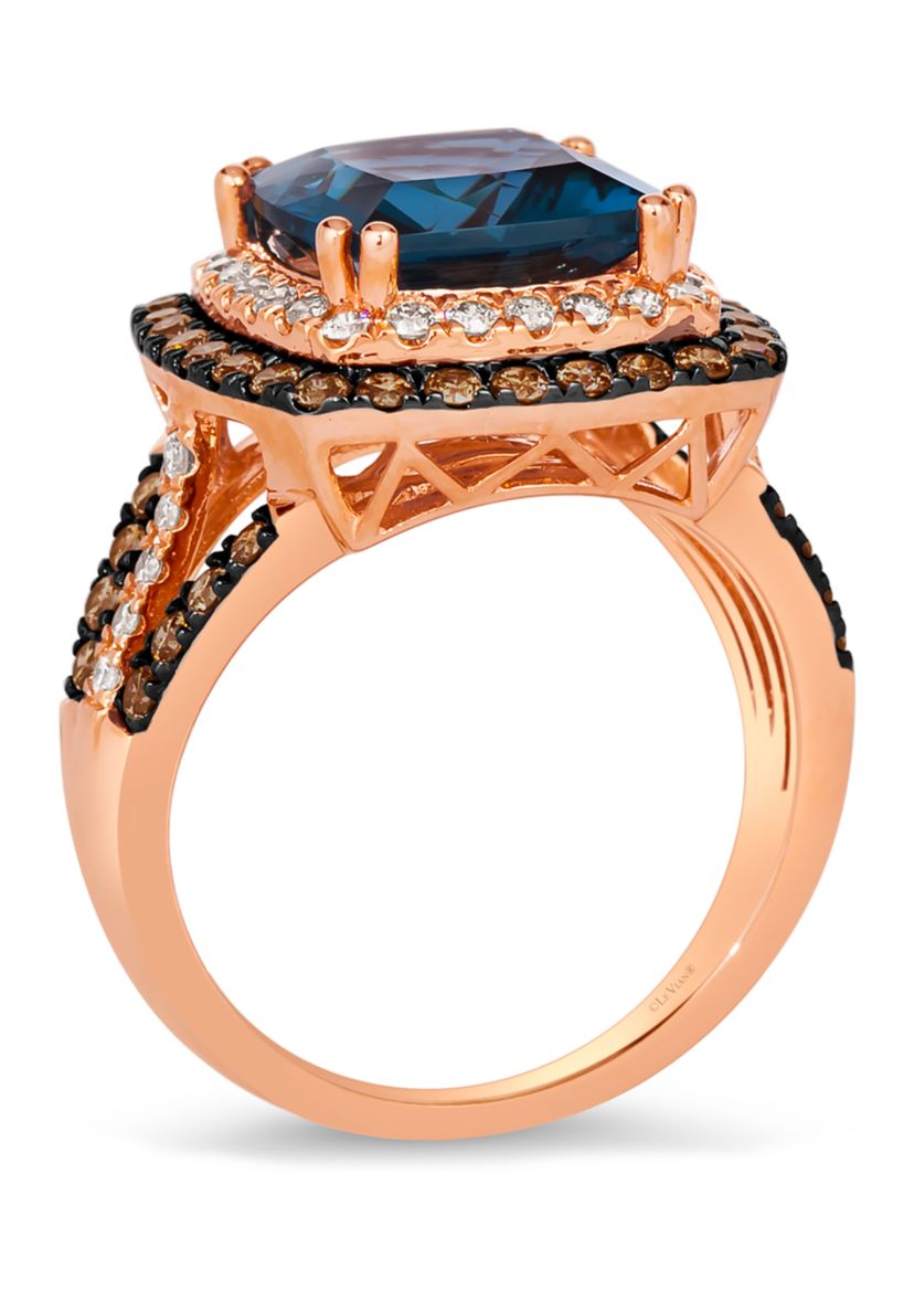 Ring featuring 4.5 ct. t.w. Deep Sea Blue Topaz™, 5/8 ct. t.w. Chocolate Diamonds®, 1/3 ct. t.w. Nude Diamonds™ in 14K Strawberry Gold®
