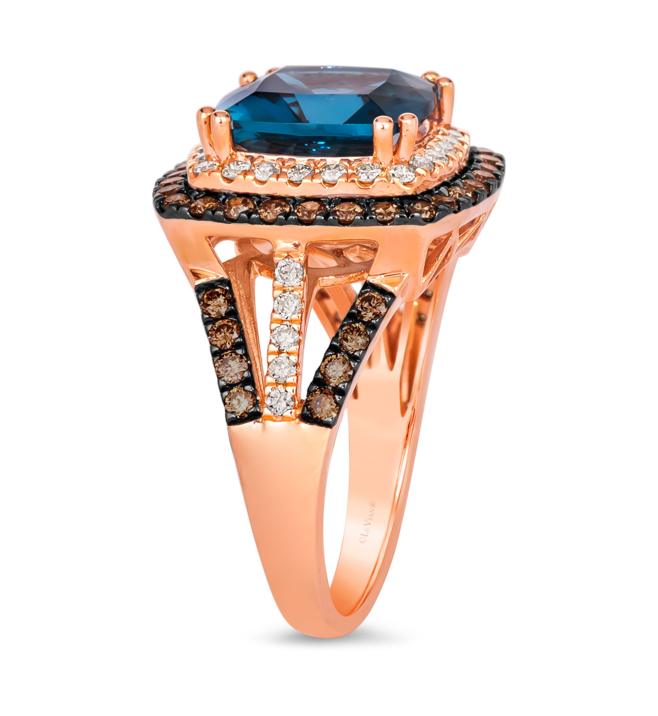 Ring featuring 4.5 ct. t.w. Deep Sea Blue Topaz™, 5/8 ct. t.w. Chocolate Diamonds®, 1/3 ct. t.w. Nude Diamonds™ in 14K Strawberry Gold®