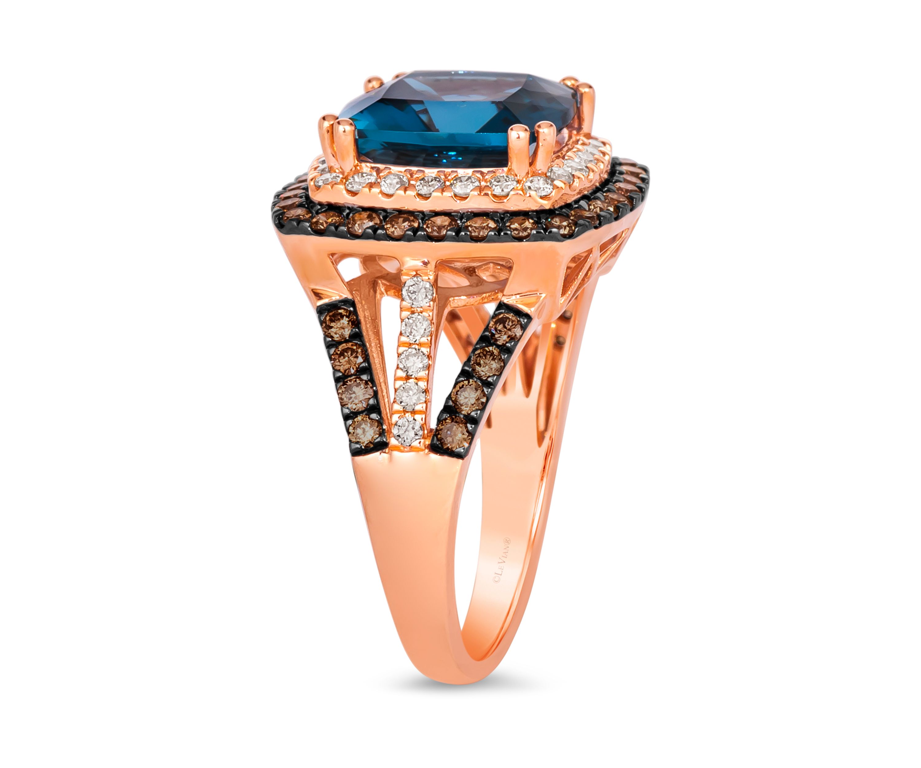 Ring featuring 4.5 ct. t.w. Deep Sea Blue Topaz™, 5/8 ct. t.w. Chocolate Diamonds®, 1/3 ct. t.w. Nude Diamonds™ in 14K Strawberry Gold®