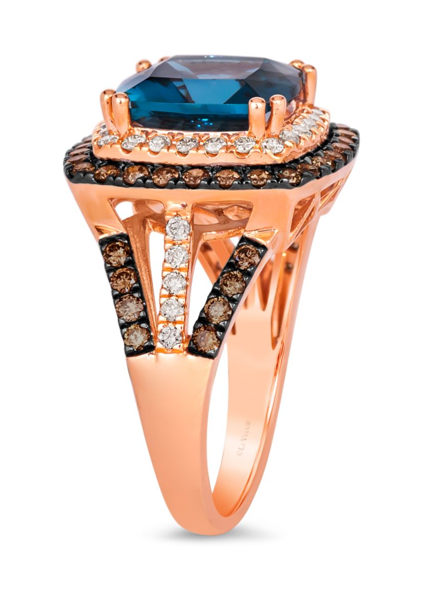 Ring featuring 4.5 ct. t.w. Deep Sea Blue Topaz™, 5/8 ct. t.w. Chocolate Diamonds®, 1/3 ct. t.w. Nude Diamonds™ in 14K Strawberry Gold®